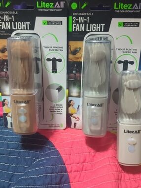 LitezAll 2-in-1 Rechargeable Fan Light - Beige & White BONUS *FLASHLIGHT*